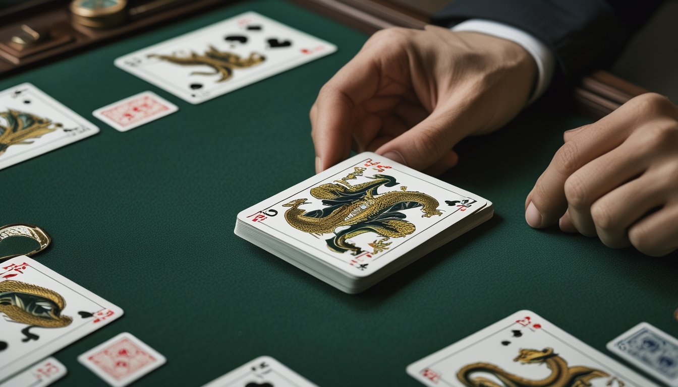 Kartu-kartu permainan tersusun di atas meja hijau, dengan satu kartu bergambar naga.