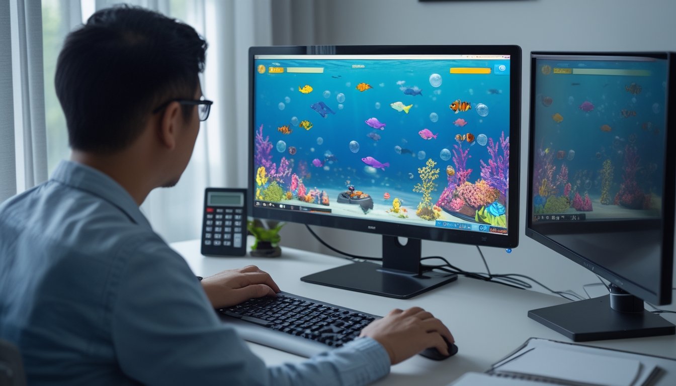 Seorang pemain mengamati permainan ikan di layar komputer dengan buku catatan dan kalkulator di meja.
