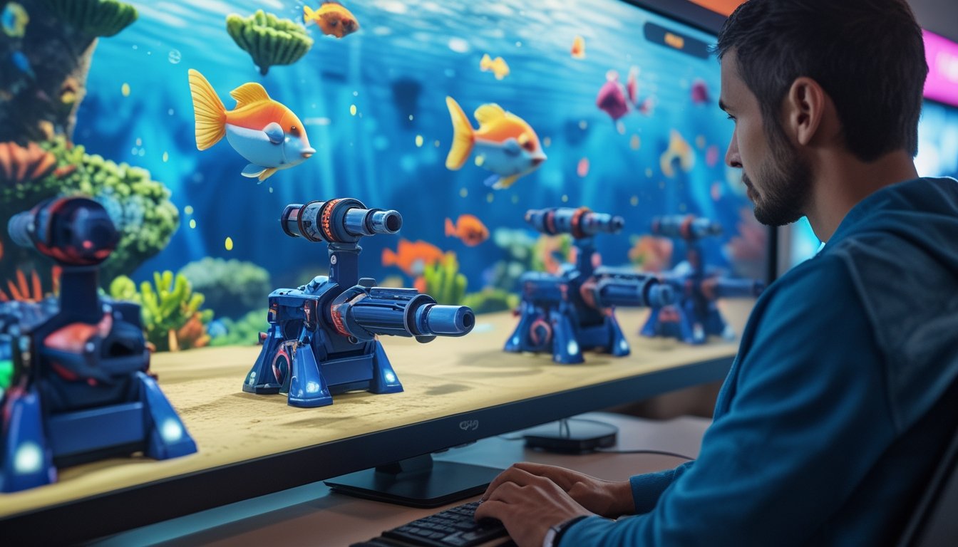 Seorang pemain membandingkan beberapa meriam virtual dalam permainan tembak ikan.