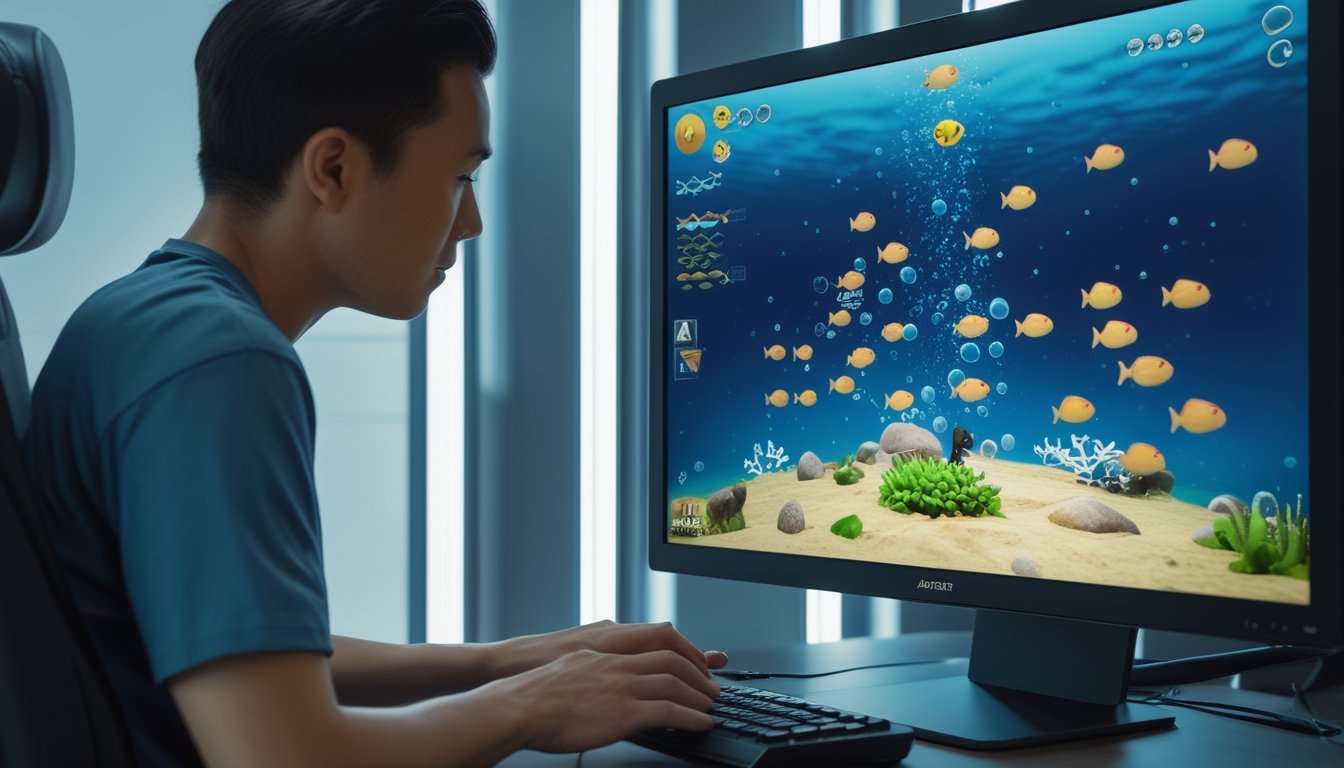 Seorang pemain memperhatikan permainan tembak ikan di monitor sambil mengarahkan mouse dengan hati-hati.