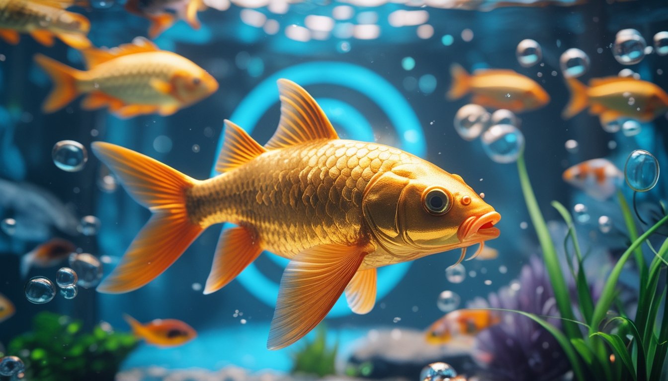 Ikan koi emas berenang di antara ikan tropis berwarna-warni di bawah air.