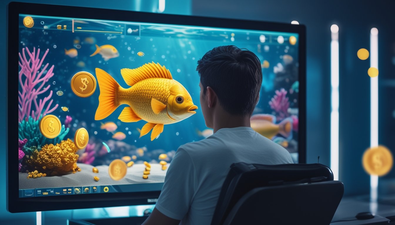 Seorang pemain memperhatikan ikan emas di antara ikan-ikan tropis pada layar permainan.