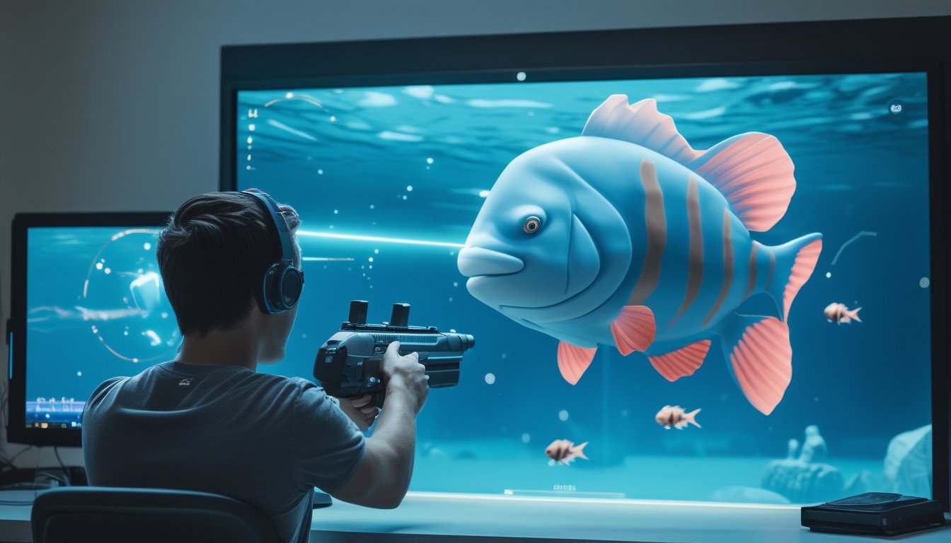 Seorang pemain membidik ikan besar di layar permainan bawah laut.