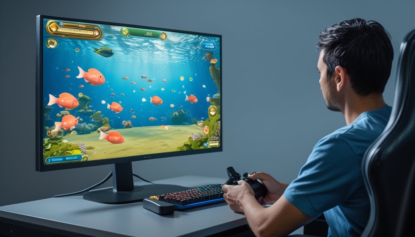 Seorang pemain mengamati ikan di layar sambil memegang pengendali permainan.