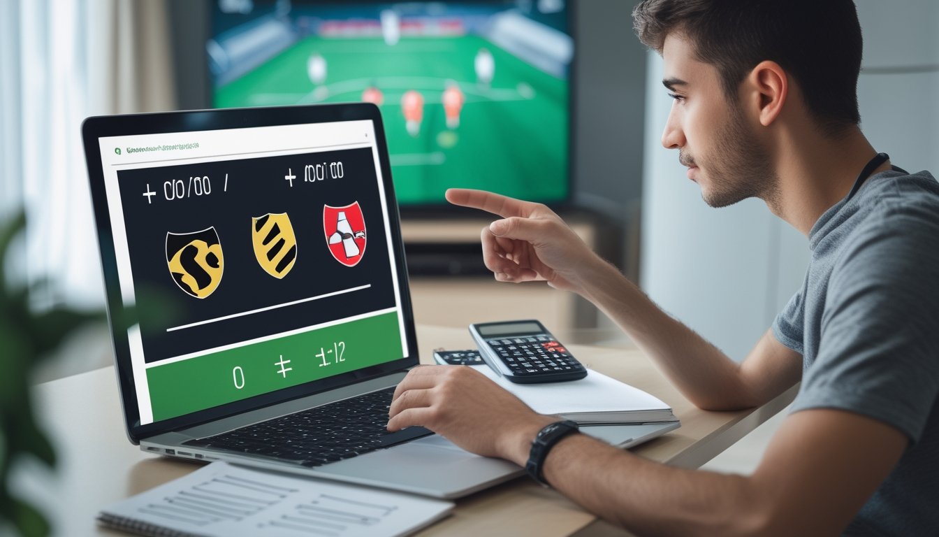 Seorang penggemar sepak bola mempelajari odds di laptop sambil menghitung dengan kalkulator.