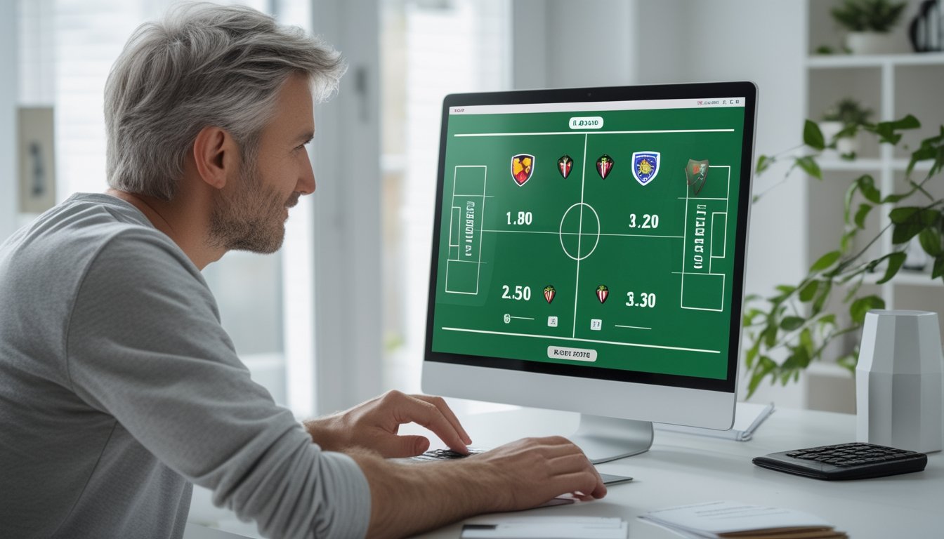 Seorang penggemar sepak bola mempelajari angka odds di laptop sambil menggunakan kalkulator.