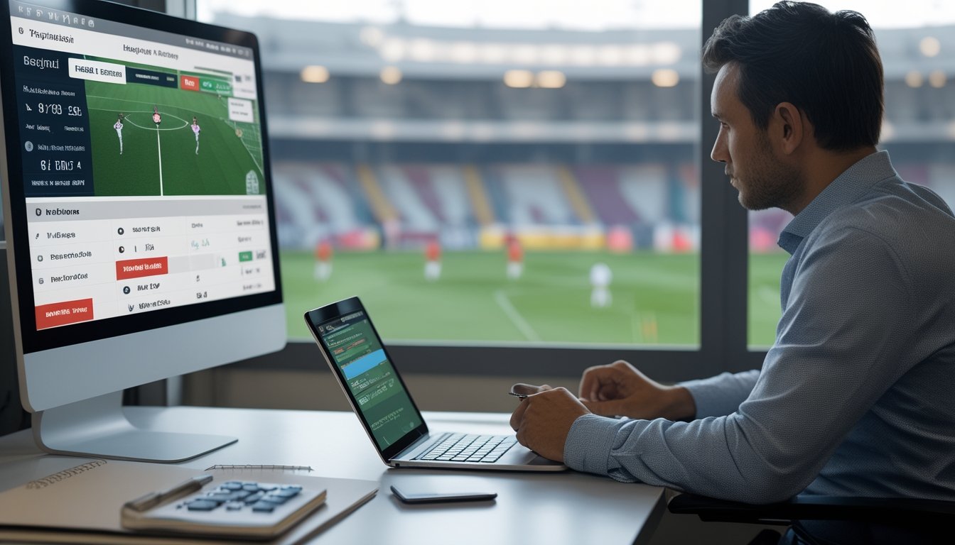 Seorang pemula mengamati pertandingan sepak bola sambil meninjau statistik di meja kerja.