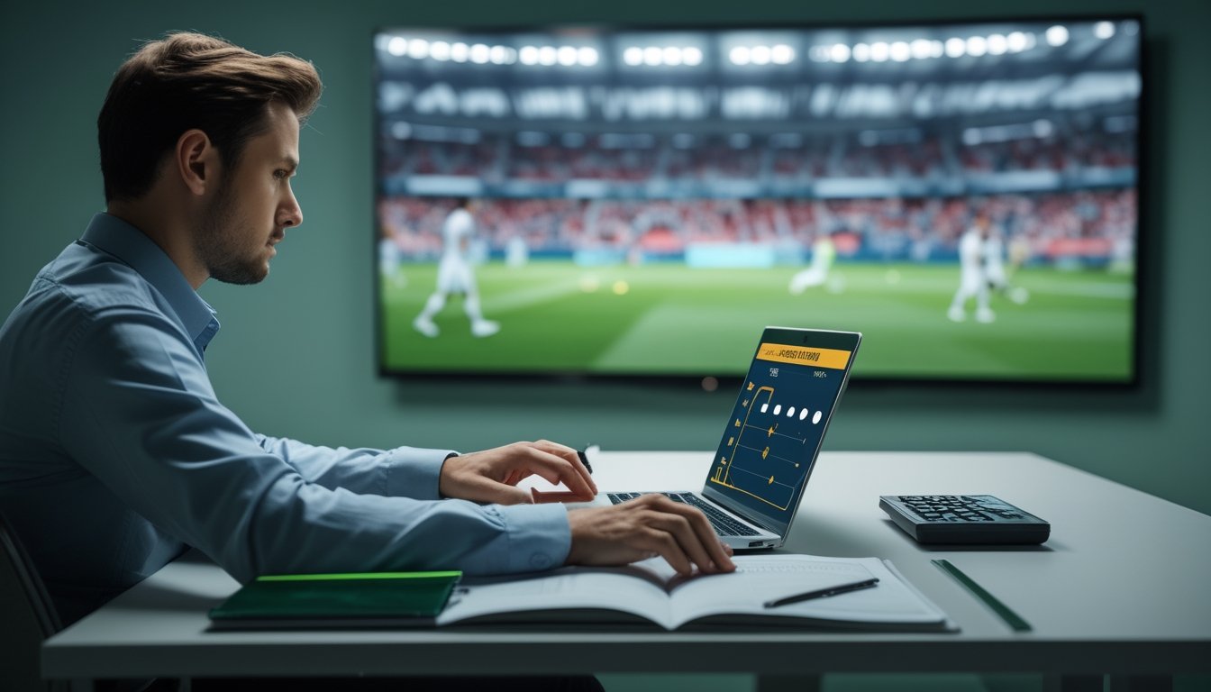Seorang pemula menganalisis pertandingan sepak bola di meja dengan laptop, buku catatan, dan kalkulator.
