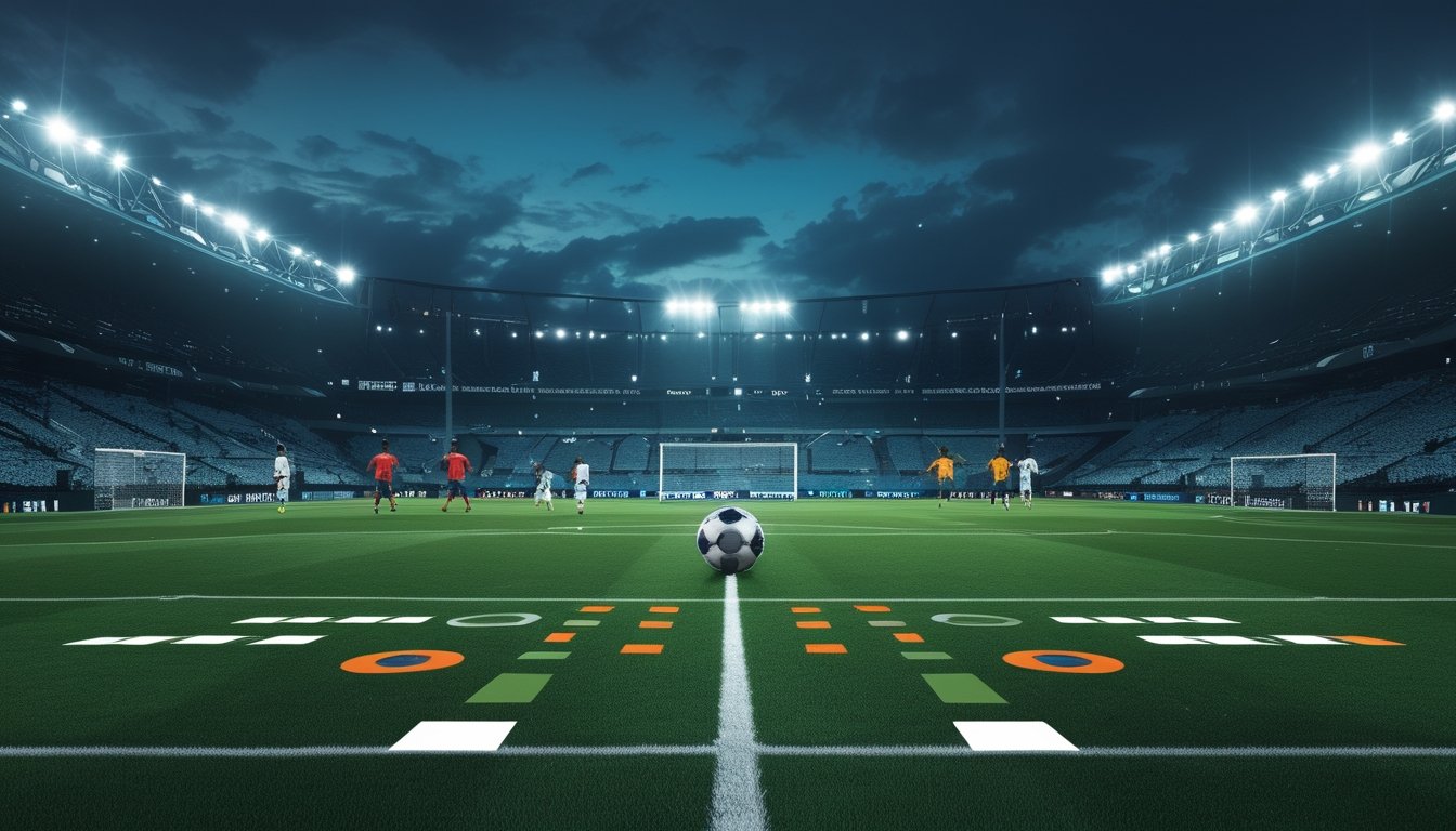 Dua tim sepak bola bertanding di lapangan dengan bola di dekat garis tengah.