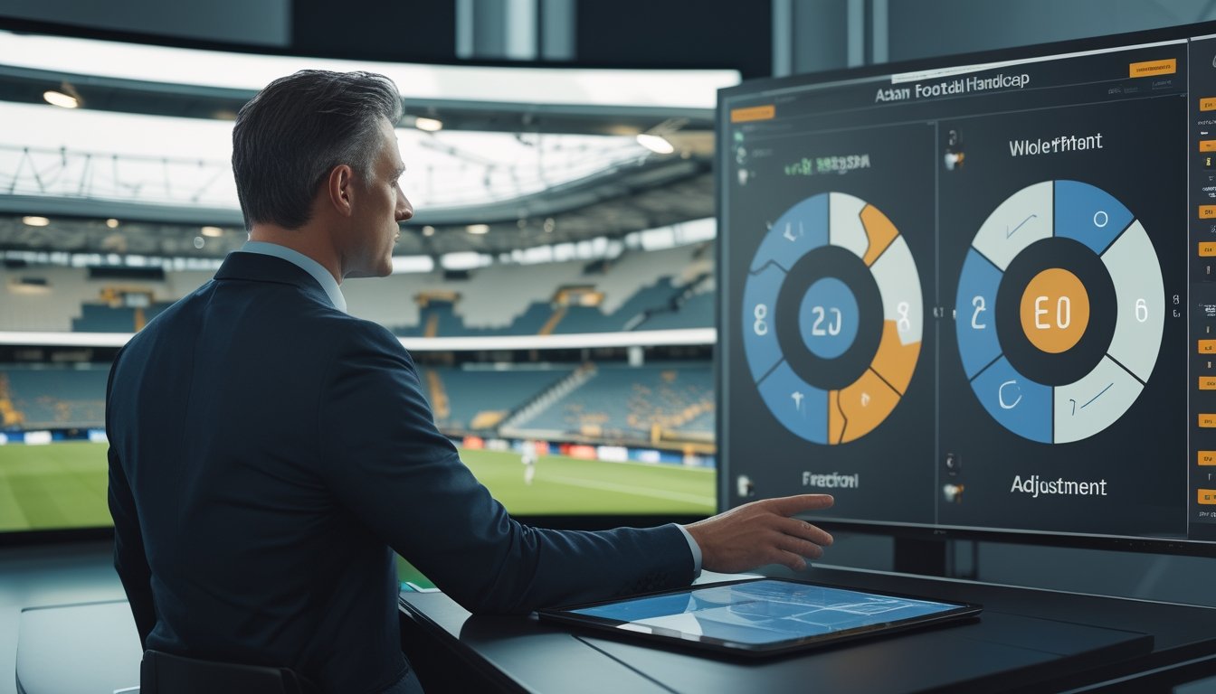Seorang analis sepak bola membandingkan dua grafik saat menonton pertandingan di layar besar.