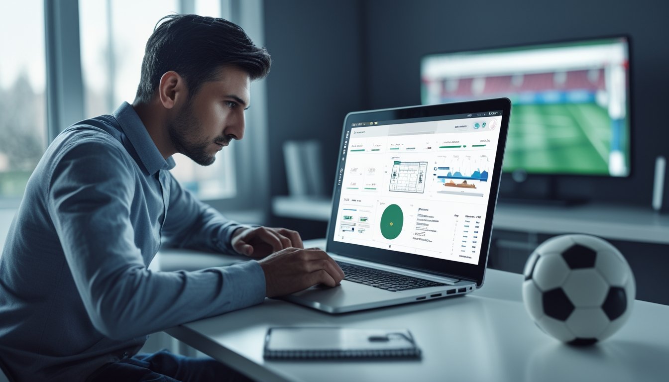 Seorang analis mempelajari statistik pertandingan sepak bola di laptop.