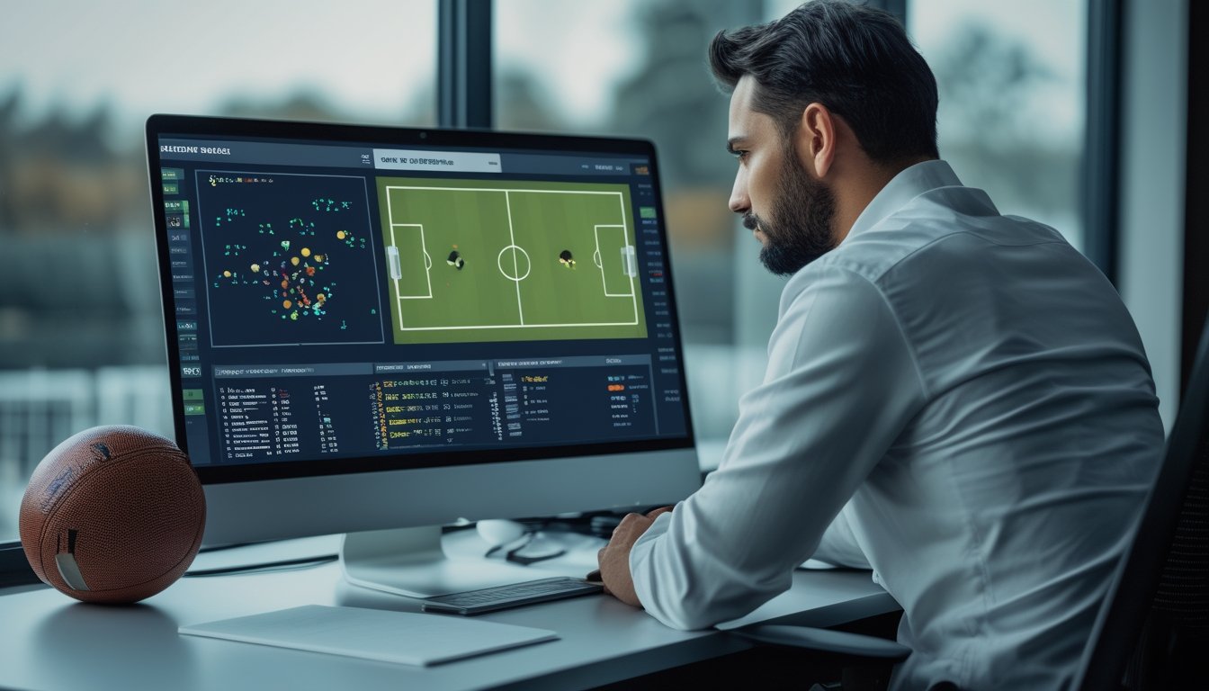 Seorang analis sepak bola mempelajari statistik dan diagram performa tim di depan layar.