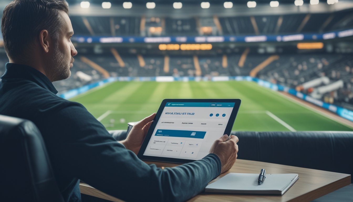 Seorang penggemar sepak bola mengamati pertandingan babak kedua sambil melihat tablet dan mencatat.