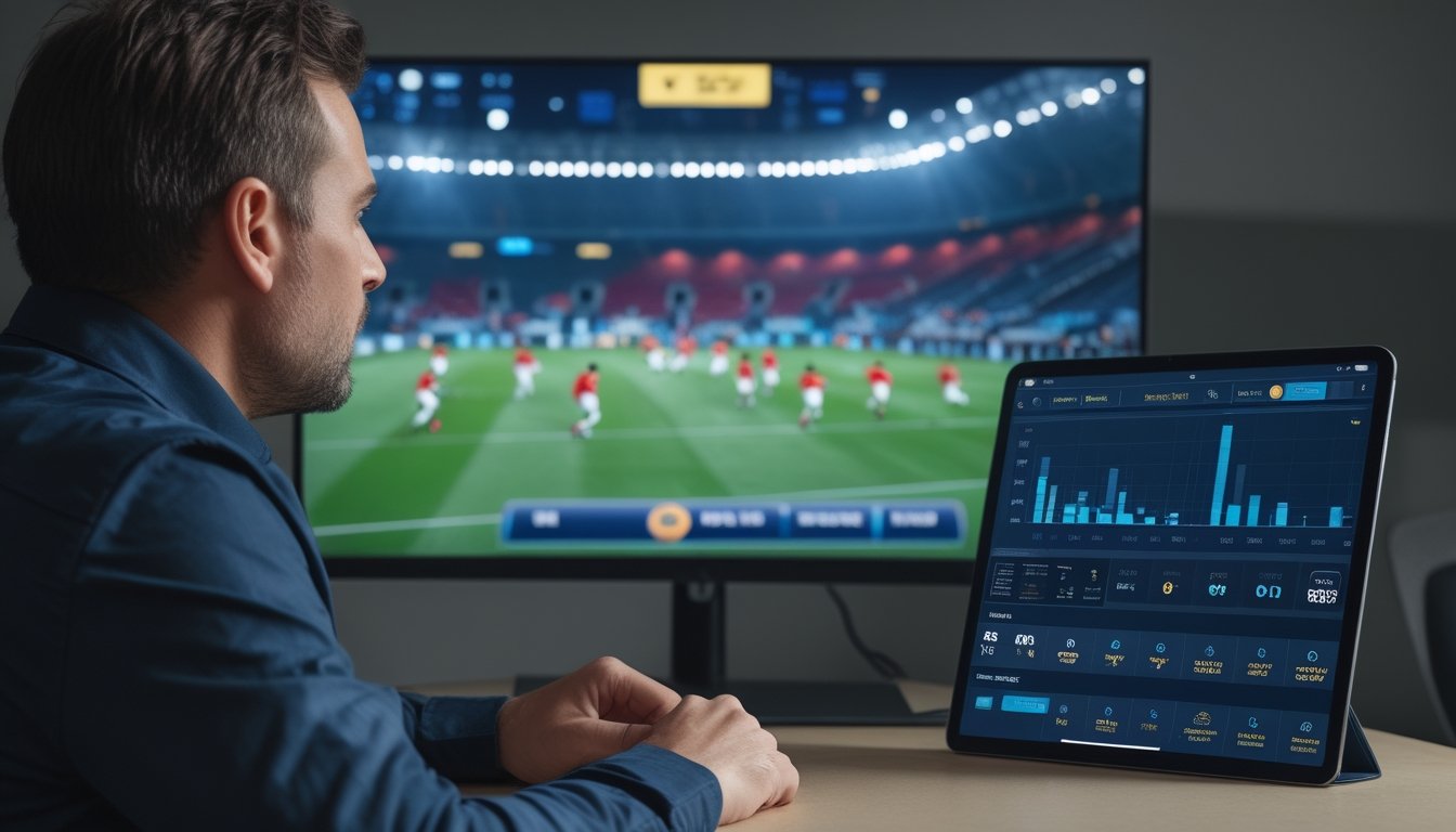 Seorang penggemar sepak bola membandingkan pertandingan babak kedua di layar dengan statistik pada tablet.