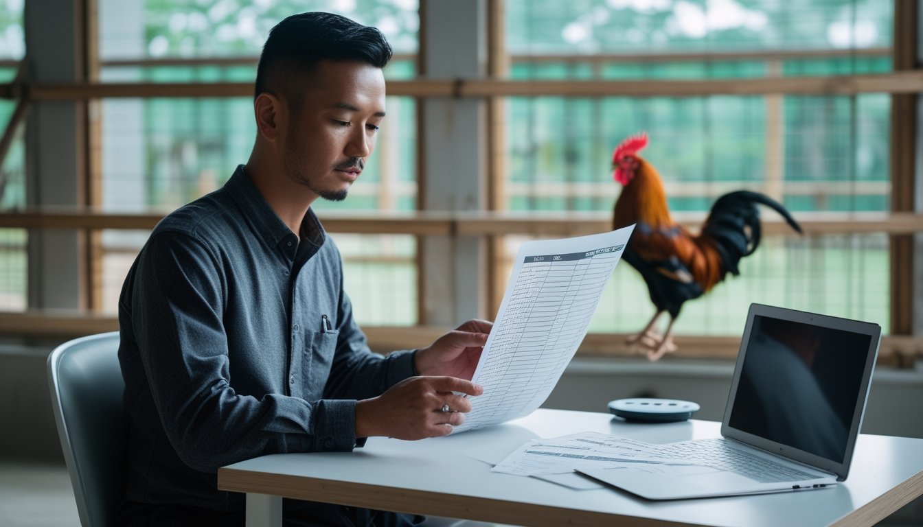 Seorang pria memeriksa catatan pertandingan di meja, dengan seekor ayam jantan di kandang di belakangnya.