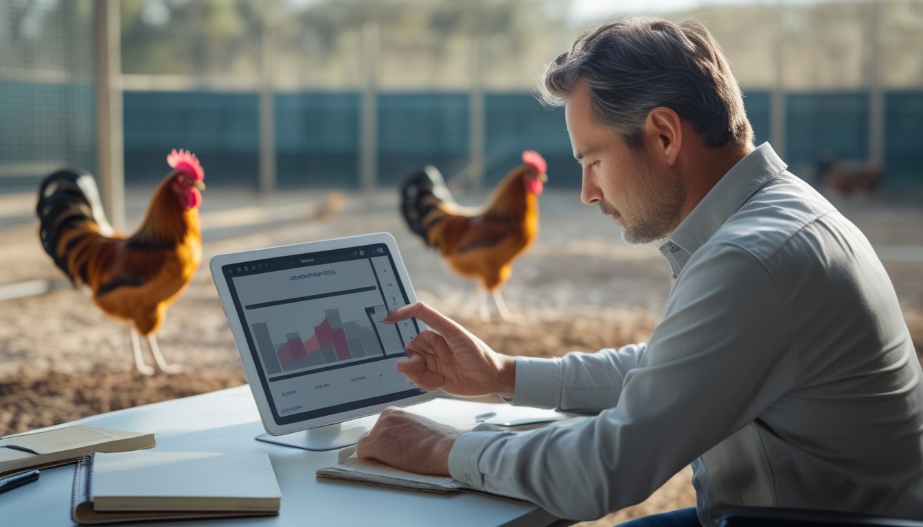 Seseorang meninjau grafik di tablet, sementara dua ayam jantan berdiri tenang di kandang terpisah.