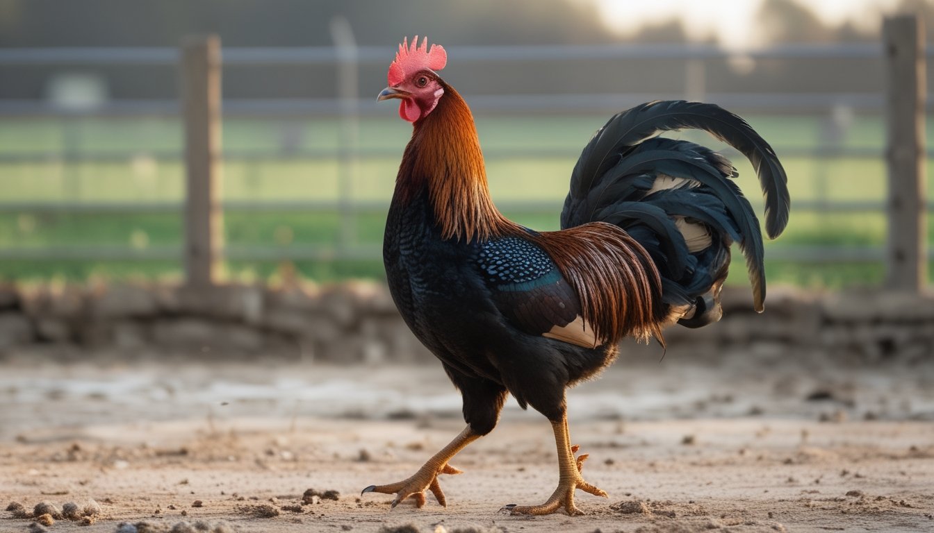 Seekor ayam jantan Birma berdiri tegap di halaman terbuka.