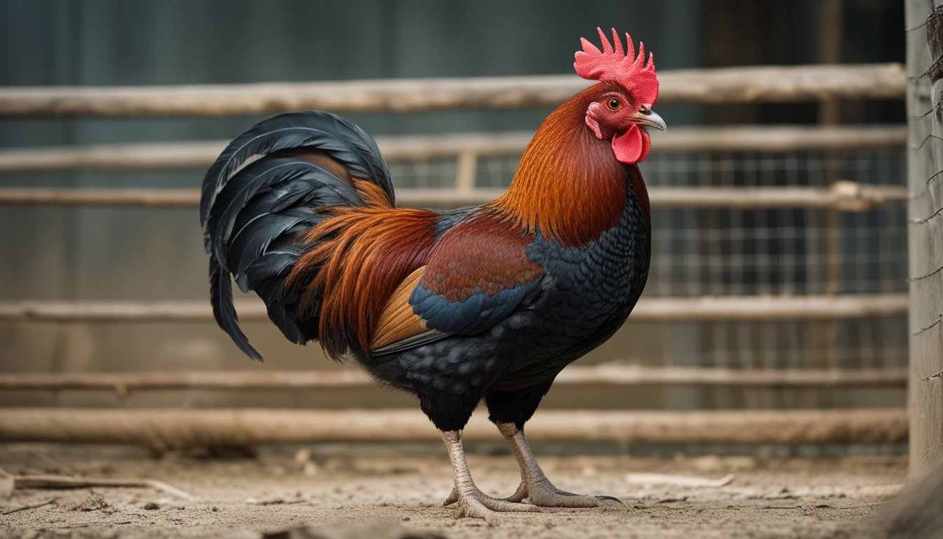 Seekor ayam jantan berbulu cokelat kemerahan dan hitam berdiri tegap di kandang terbuka.