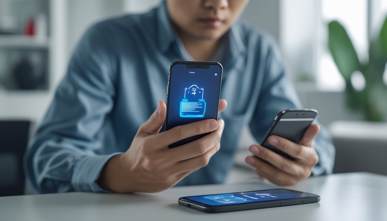Seseorang menggunakan ponsel untuk meninjau permainan digital di rumah.