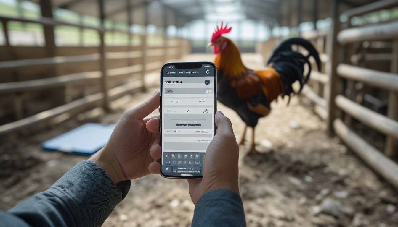 Seseorang memeriksa ponsel di dekat ayam jantan yang berada di kandang terbuka.