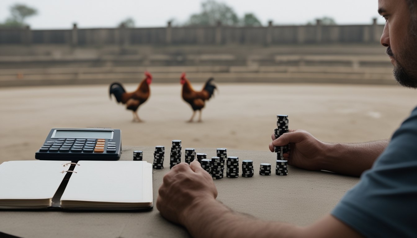 Seorang pria mengamati susunan keping taruhan di meja, dengan arena dan dua ayam di latar belakang.
