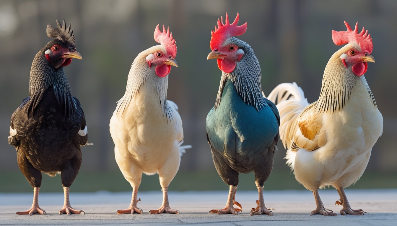 Empat ayam dengan warna dan bentuk tubuh berbeda berdiri berjajar di luar ruangan.