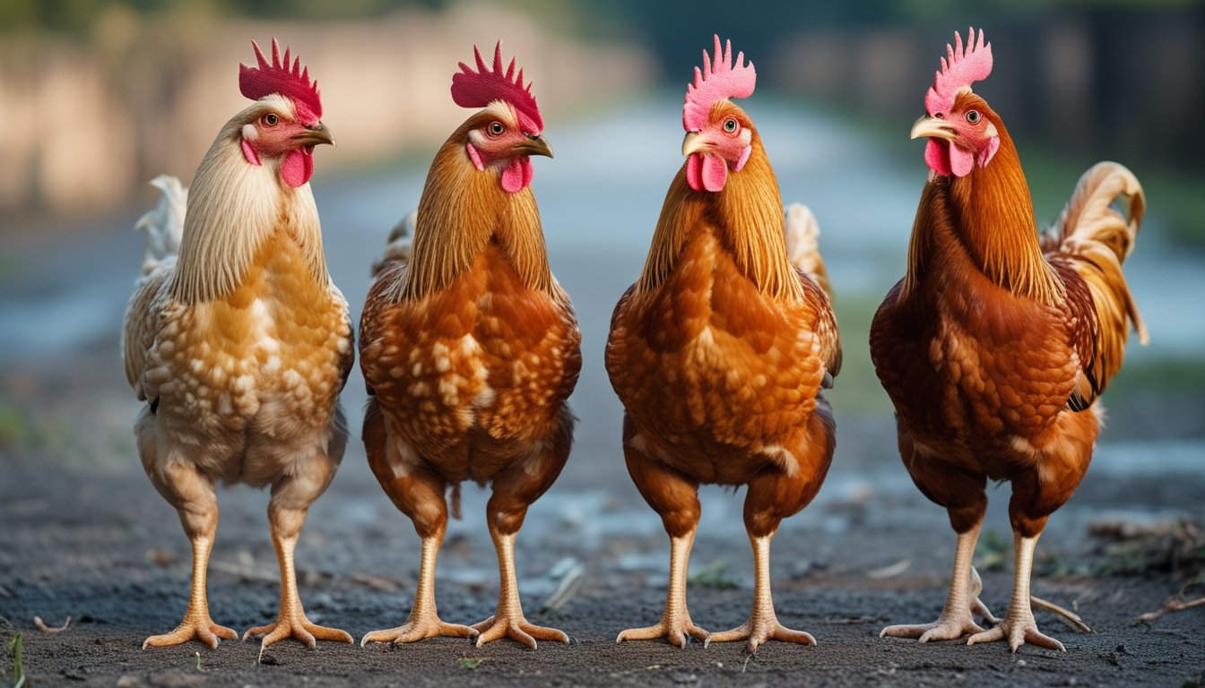 Empat ayam jantan dengan warna bulu dan bentuk tubuh yang berbeda berdiri berjajar di halaman peternakan.