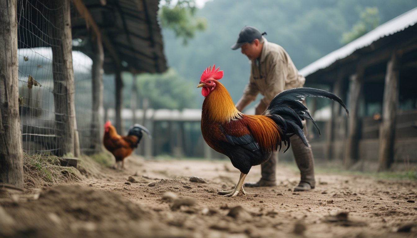 Seekor ayam jantan sehat dan waspada berdiri di dekat kandang, sementara seorang penjaga mengamatinya.