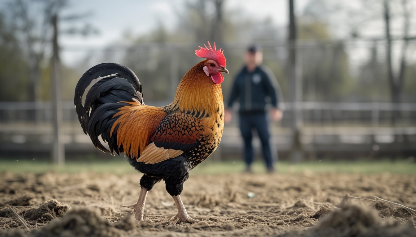 Seekor ayam jantan berdiri tegap dan menoleh dengan waspada di kandang yang bersih.
