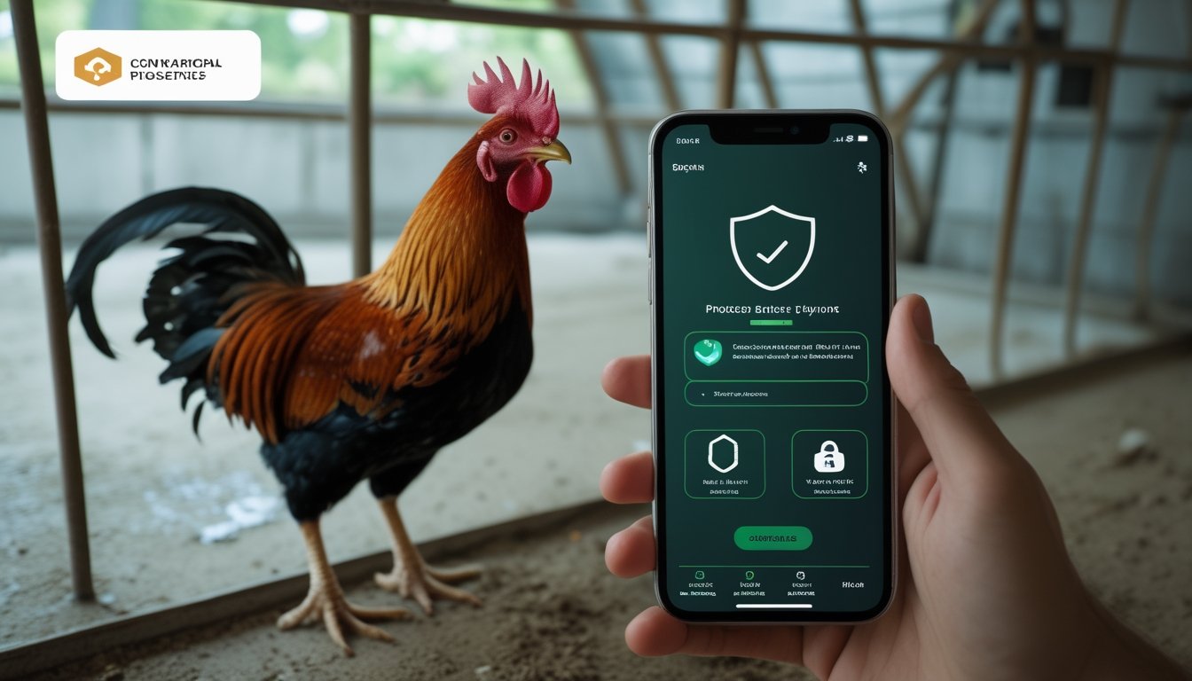 Seseorang menggunakan ponsel di dekat ayam jantan yang berdiri di kandang bersih.