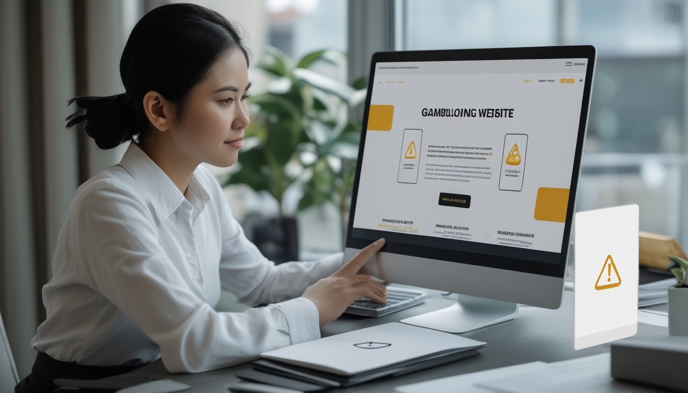 Seseorang memeriksa situs di laptop sambil membandingkannya dengan ponsel dan dokumen.
