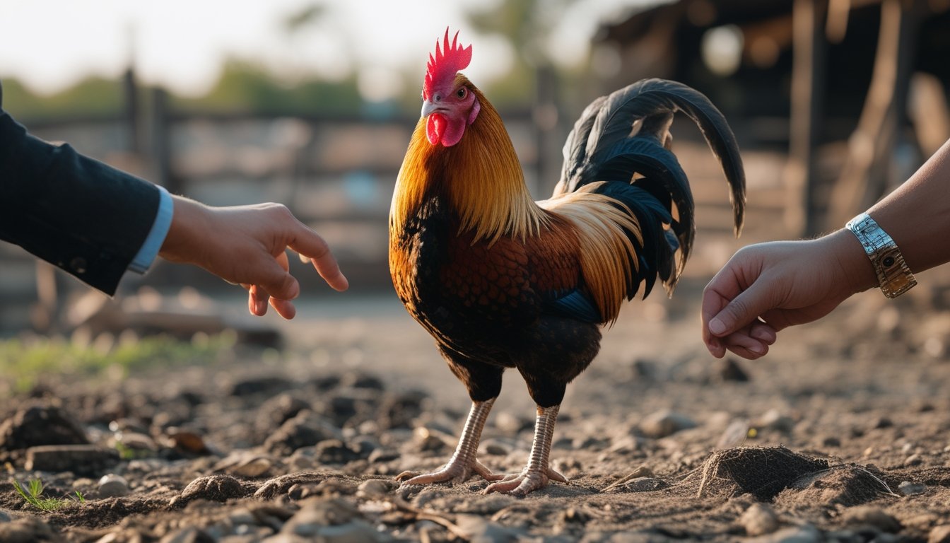 Seekor ayam jantan berdiri sementara seseorang mengamati jengger dan sisik pada kakinya.