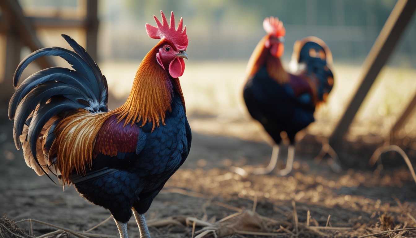 Seekor ayam jantan berdiri di halaman, dengan sisik kaki dan jenggernya terlihat jelas.