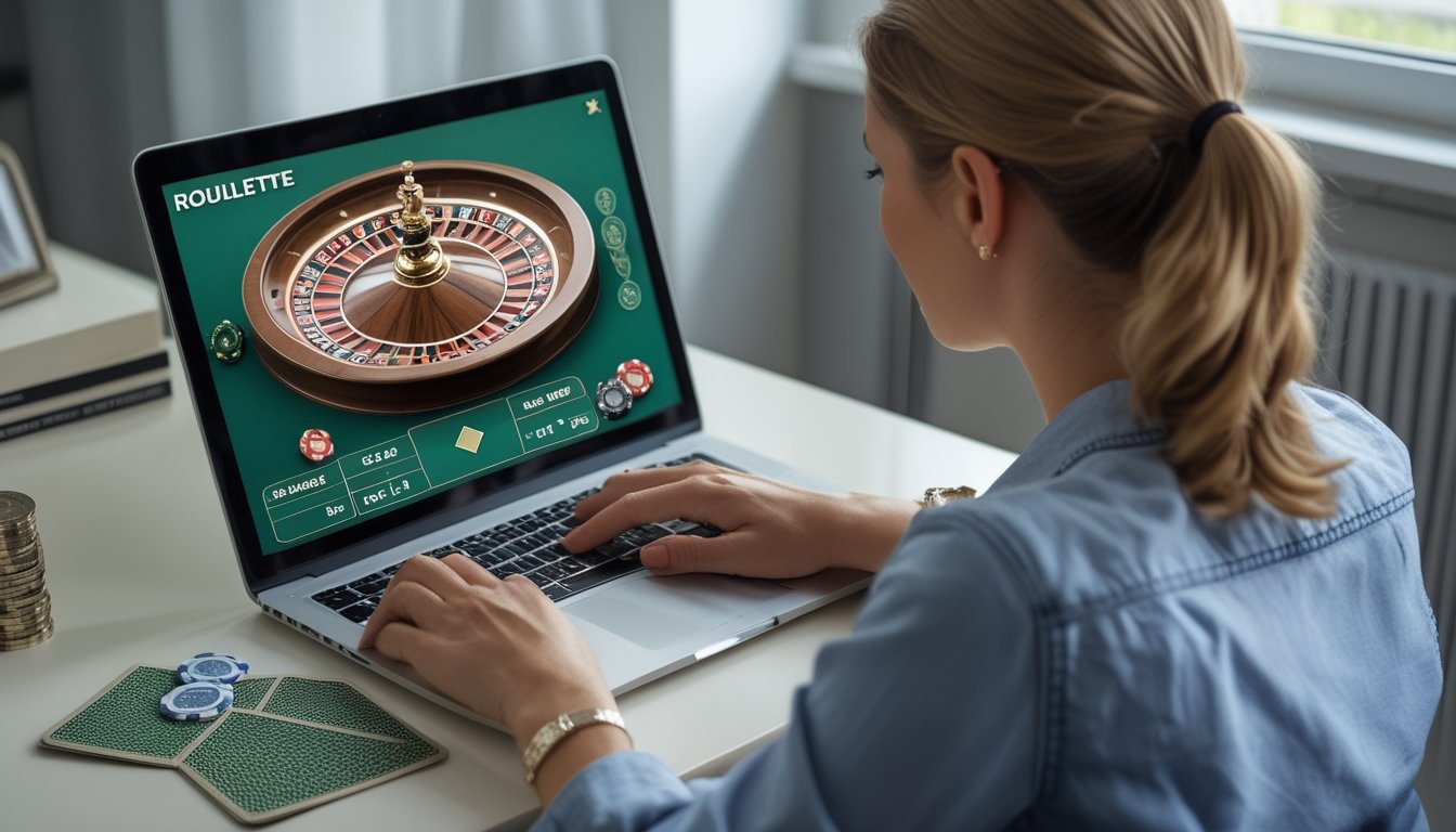 Seorang pemula mempelajari permainan roulette di laptop dengan beberapa keping taruhan di meja.