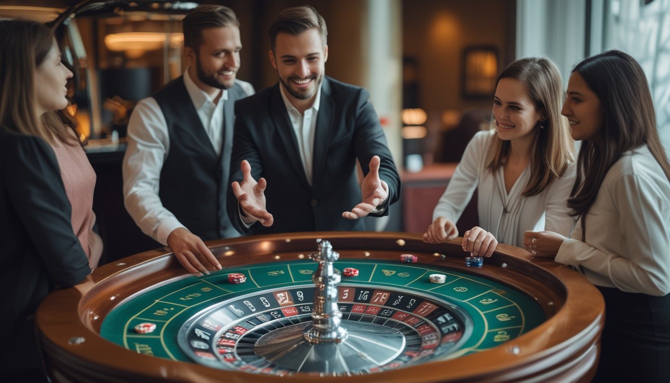 Seorang bandar menjelaskan meja roulette kepada beberapa pemain pemula.