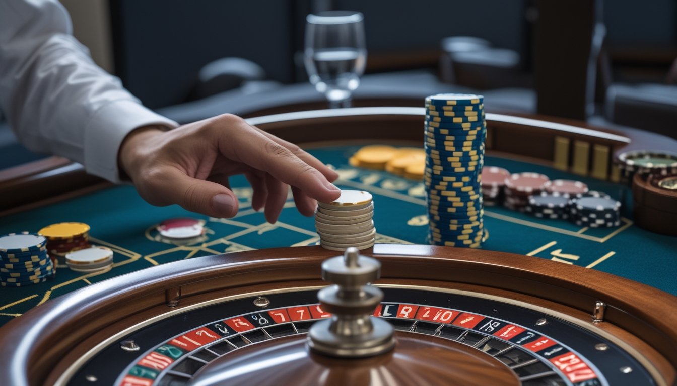 Roda roulette dan keping taruhan di atas meja kasino.