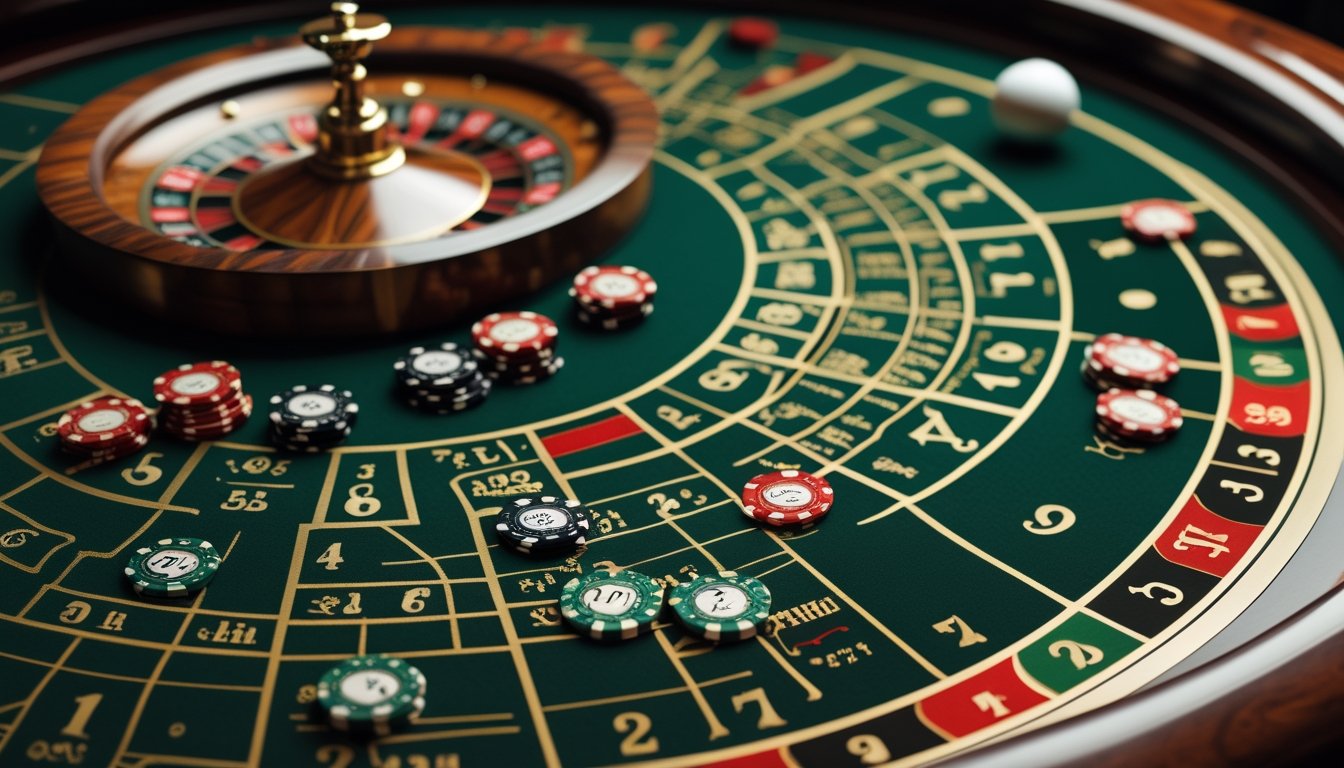 Meja roulette dengan roda dan keping taruhan di beberapa area.