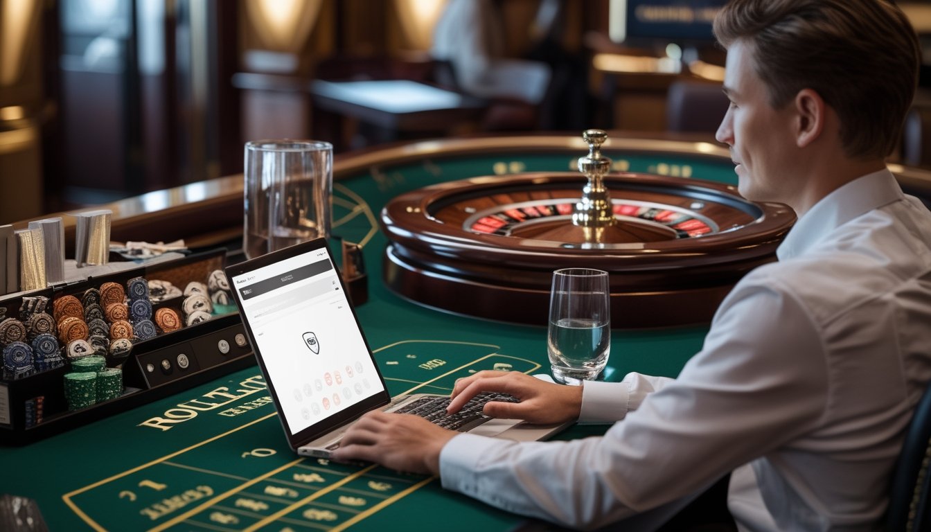Seseorang memeriksa roulette online di laptop di dekat meja roulette.