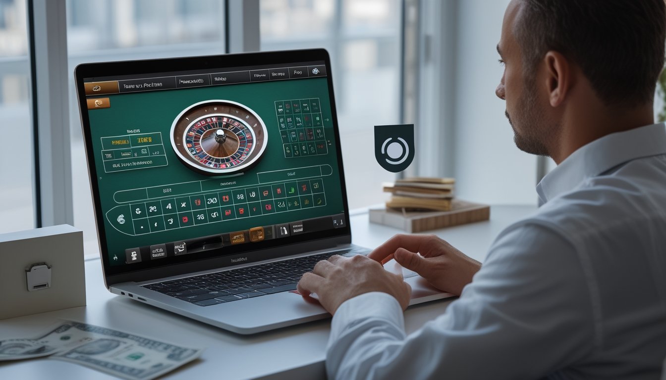 Seseorang memeriksa permainan roulette di laptop dengan simbol keamanan di dekatnya.