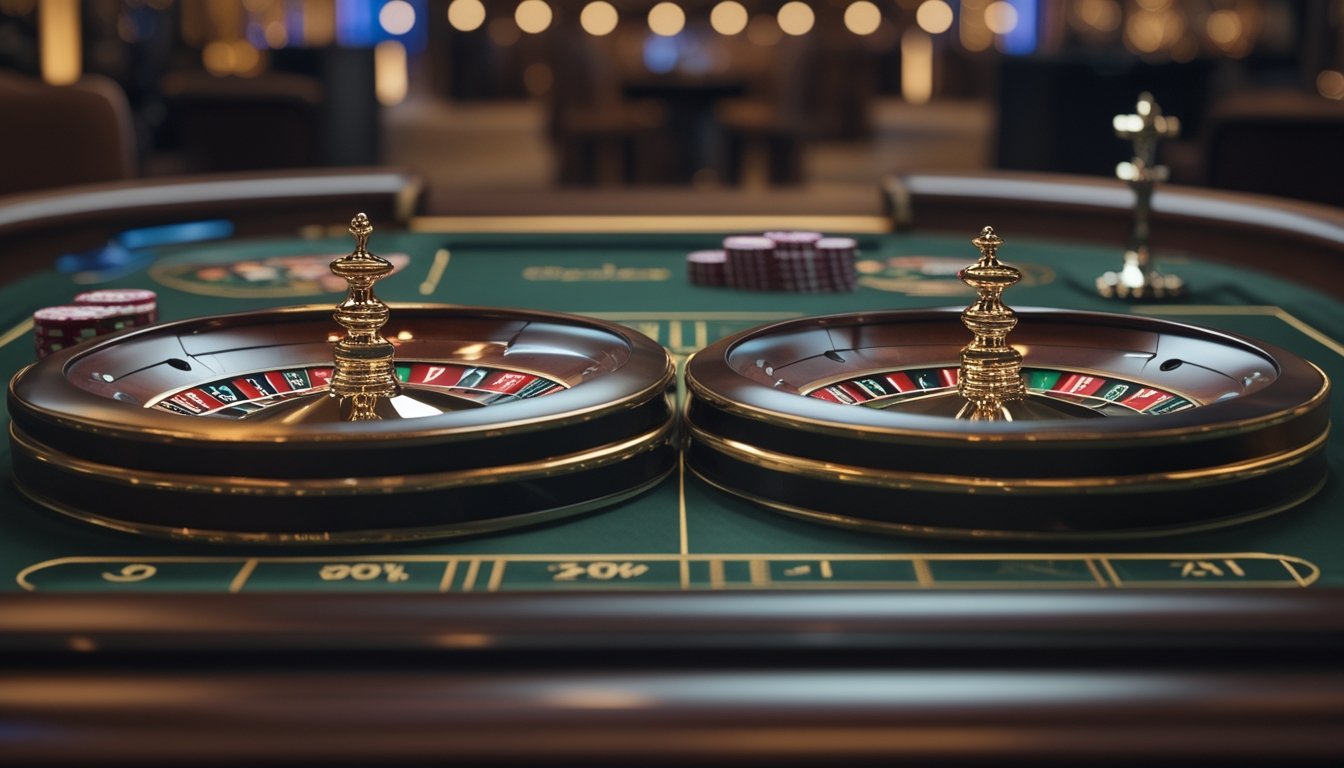 Dua roda roulette berdampingan, satu dengan kantong nol dan satu dengan kantong nol serta nol ganda.