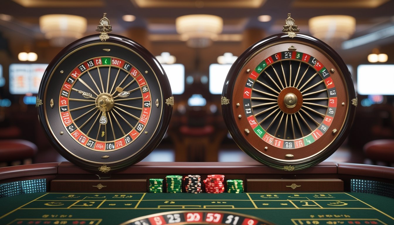 Dua roda roulette berdampingan, satu dengan satu kantong hijau dan satu lagi dengan dua kantong hijau.