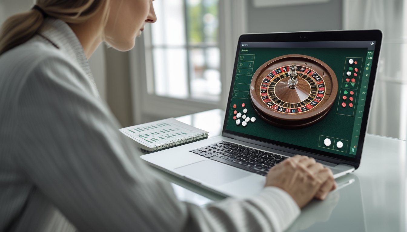Seseorang mempelajari permainan roulette di laptop dengan beberapa keping taruhan dan catatan anggaran di meja.