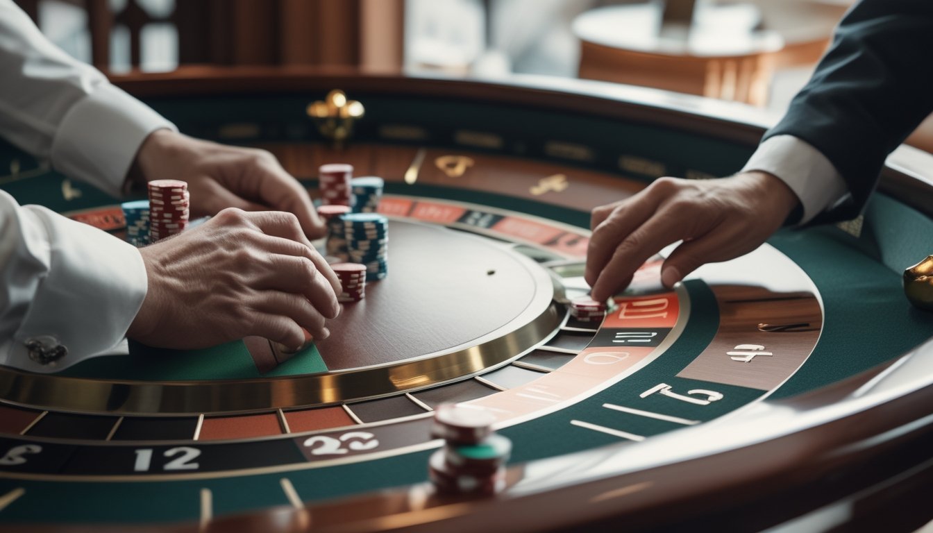 Tangan menyusun beberapa keping taruhan di meja roulette.