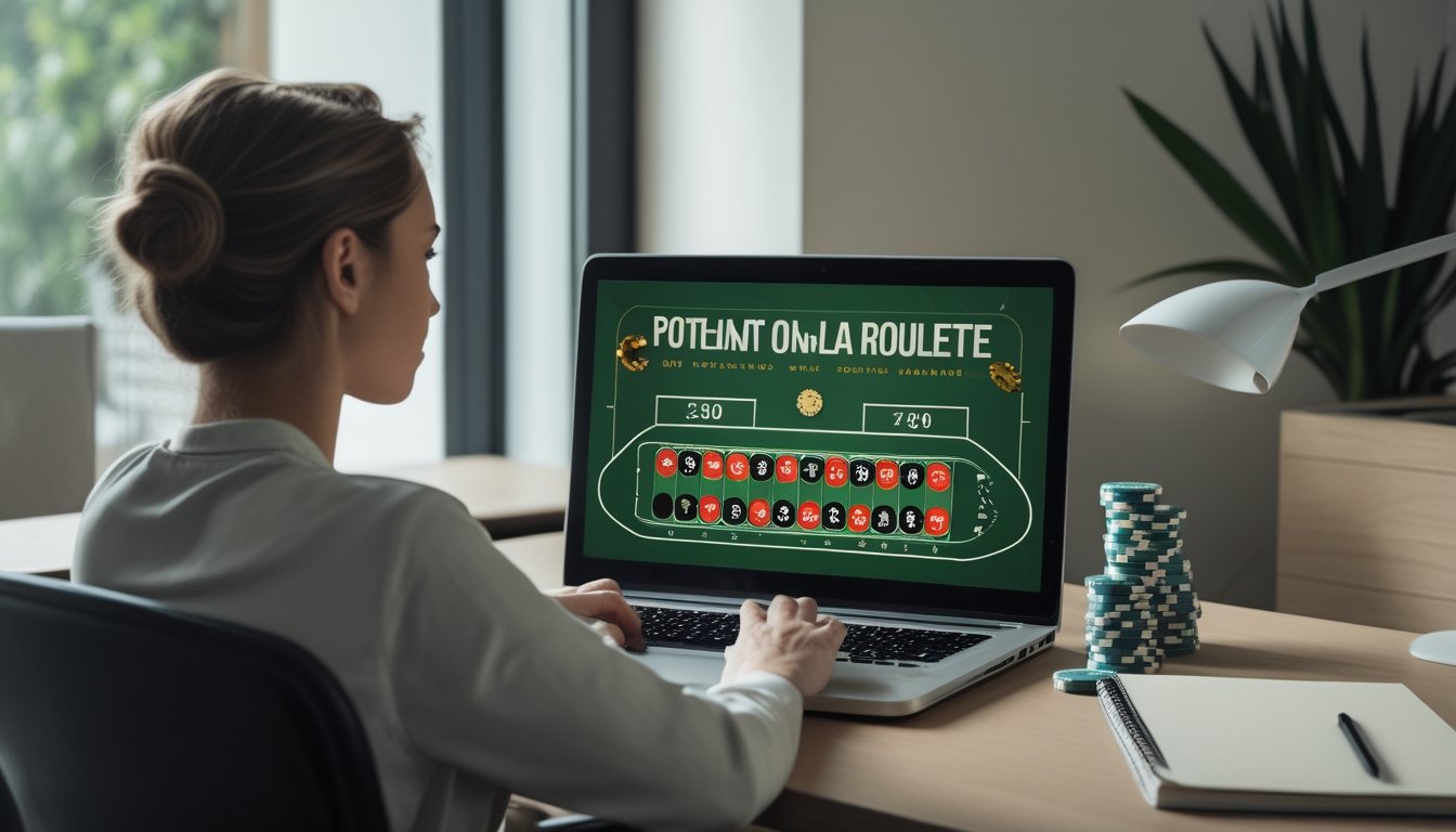 Seseorang mempelajari permainan roulette di laptop dengan beberapa keping taruhan di meja.