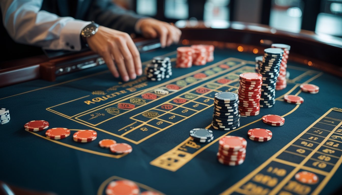 Tumpukan chip yang semakin besar di samping meja roulette.