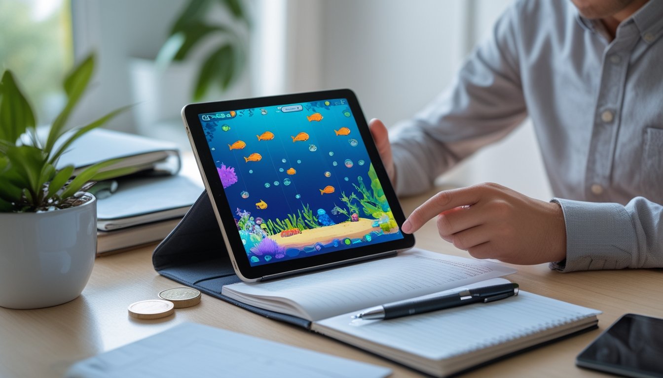 Seorang pemula mempelajari permainan ikan di tablet sambil mencatat di meja.