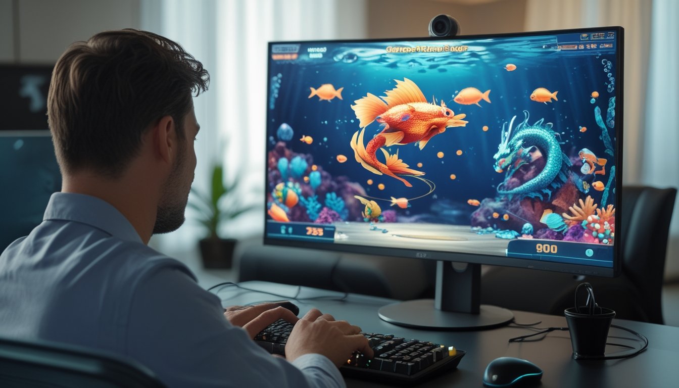 Seorang pemain dewasa melihat permainan arcade bawah laut dengan ikan berwarna-warni dan naga laut di layar komputer.