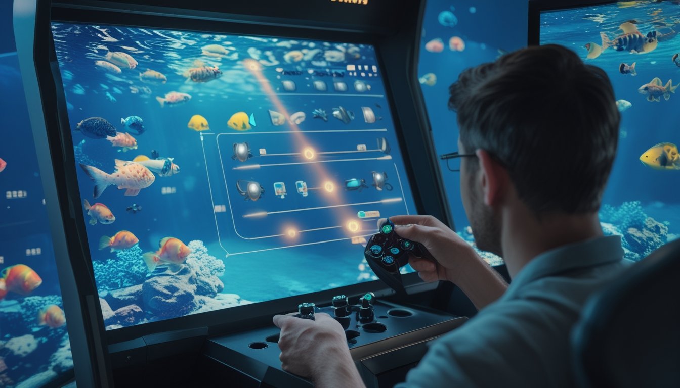 Seorang pemain memilih senjata dan peluru virtual sambil melihat ikan berwarna-warni di layar permainan.