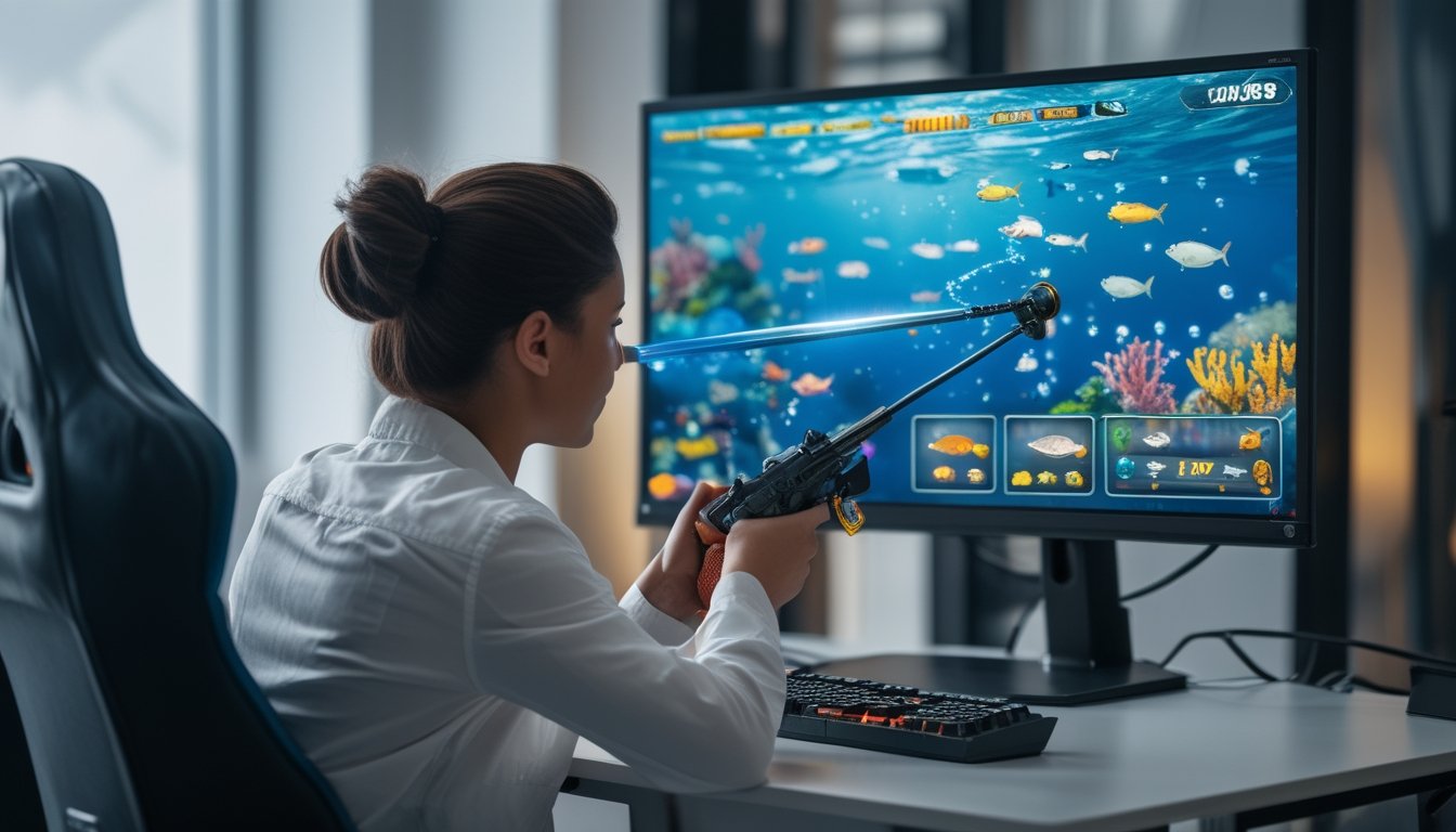 Seseorang memainkan game tembak ikan dengan meriam yang membidik sekumpulan ikan di bawah laut.