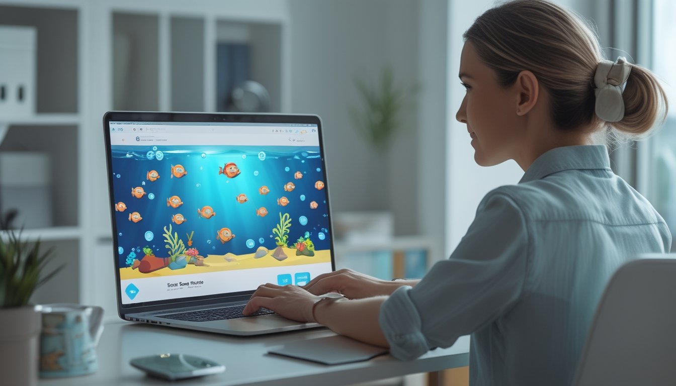 Seseorang memainkan gim ikan berwarna-warni di laptop.